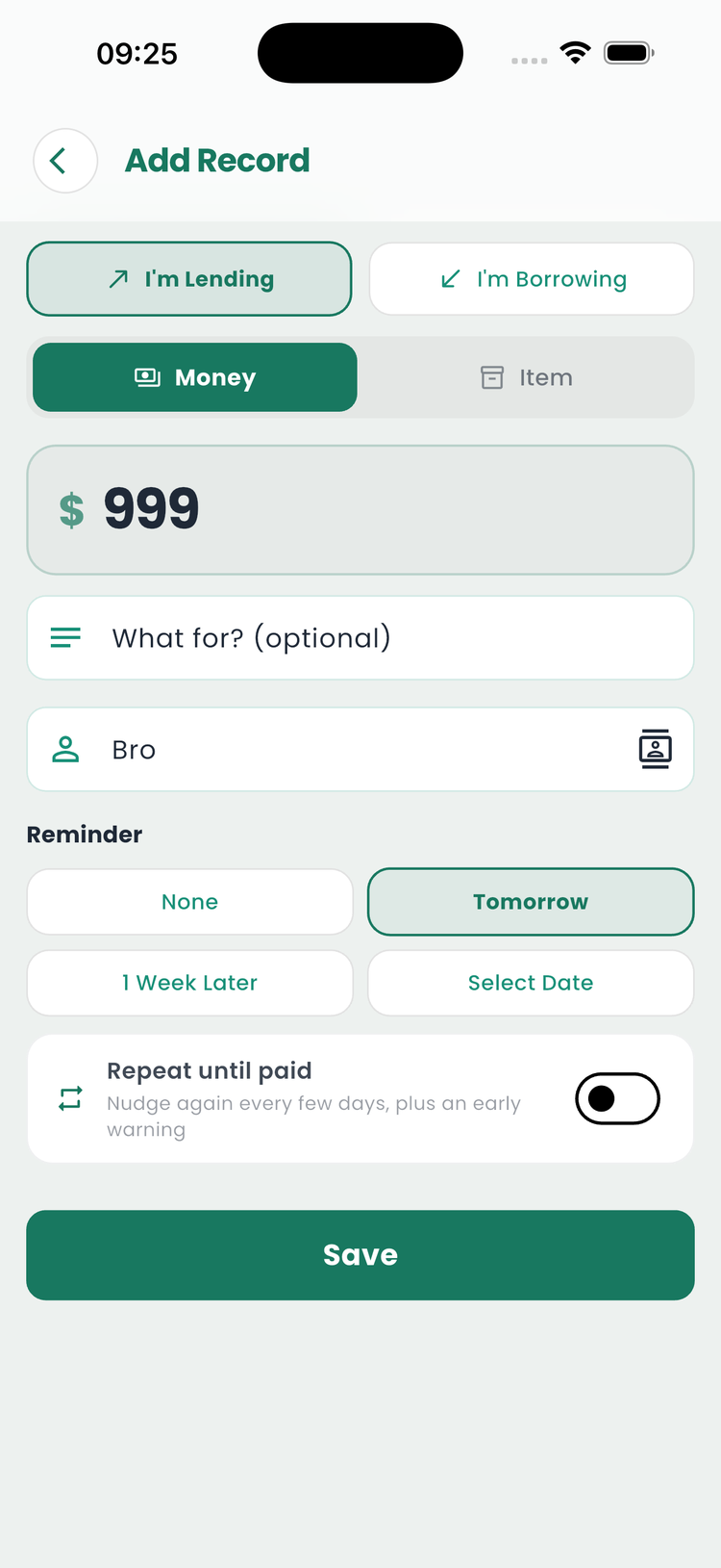 Adding a record in IOUly with repeating reminder option