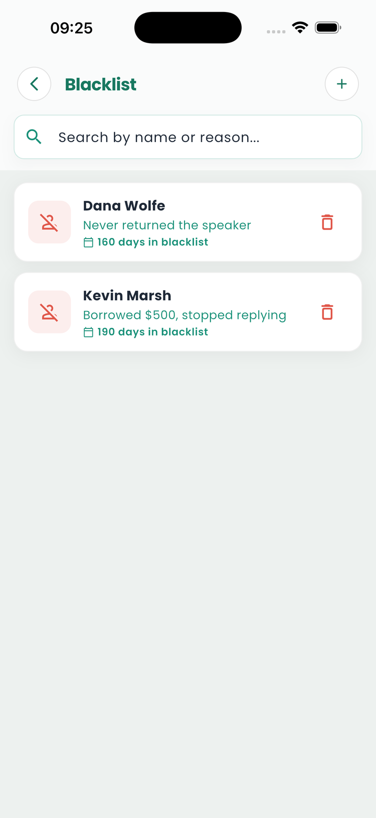 IOUly private blacklist screen showing flagged contacts