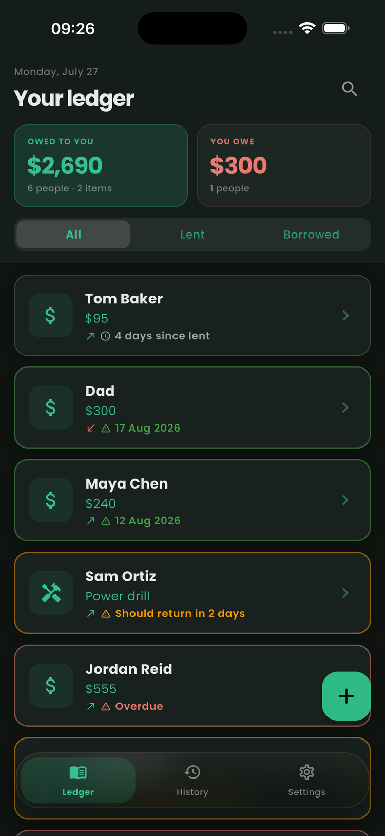IOUly home screen showing active debts and owed amounts