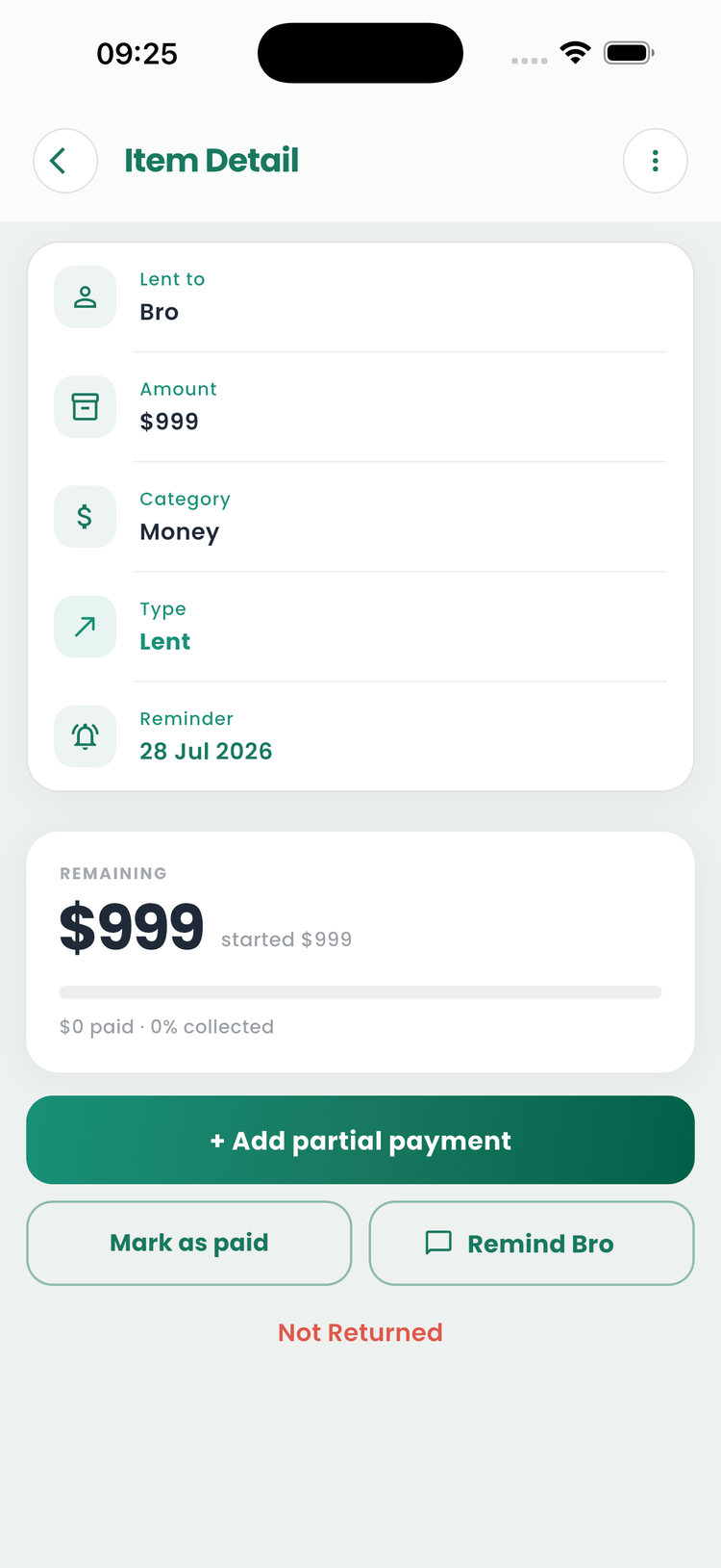 IOUly record detail screen showing partial payment buttons