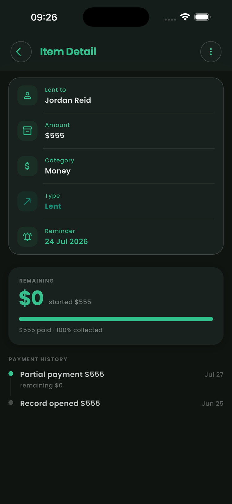 IOUly partial payment detail screen showing remaining balance of $0 out of $555 with progress bar and timeline history